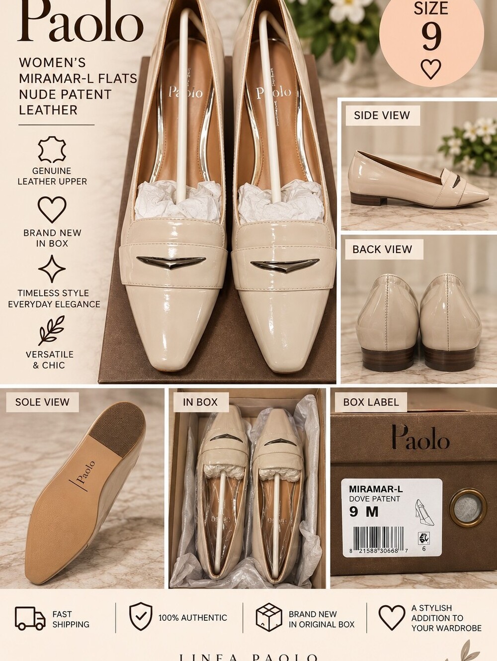 NIB Linea Paolo Dove Patent Leather Loafers — Nude/Beige Women’s Flats